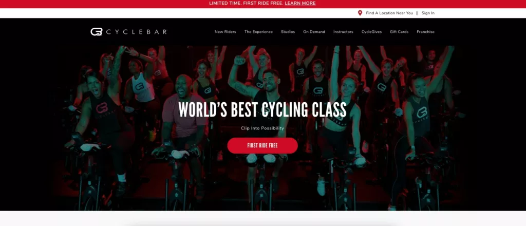 Above the fold area of Cycle Bar homepage