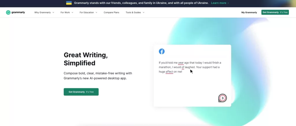 Above the fold area of Grammarly homepage